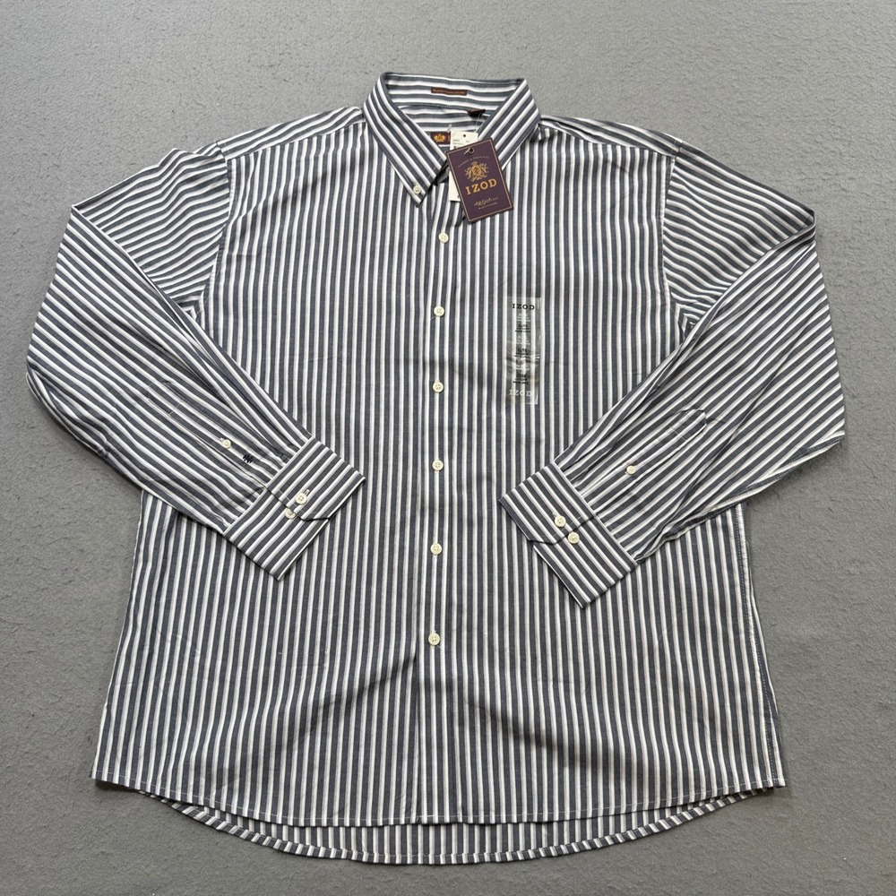 NEW IZOD Button Down Shirt Men's XL Blue White Striped Slim Fit Long Sleeve
